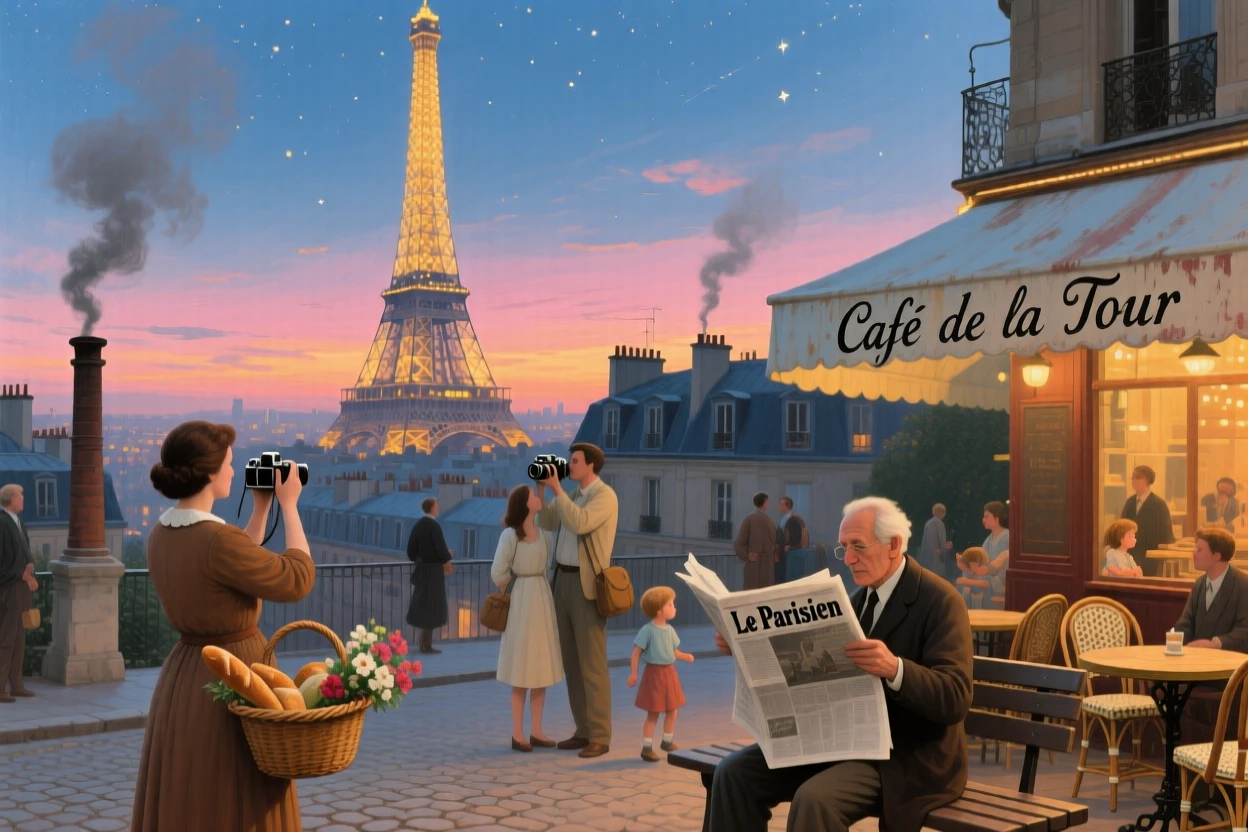 The Paris skyline at dusk with the Eiffel Tower glittering above the rooftops, with locals and travelers adding life and scale to the scene, offering a striking, postcard-worthy view of an iconic destination