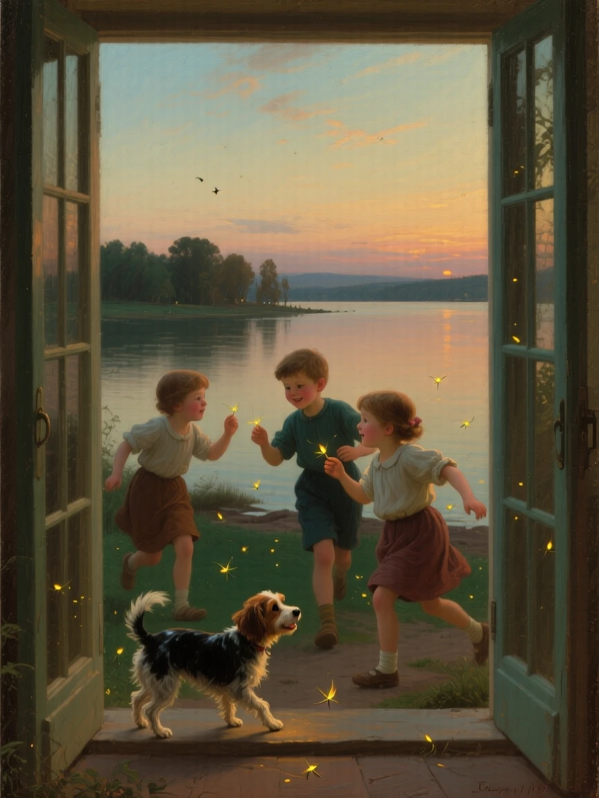 Children chasing fireflies in a warm summer twilight as gentle affection passes easily between generations, set beside a lakeshore glowing under a soft evening sky, with a family pet weaving happily between the figures; gentle framing by a doorway or window softens the intimate scene, radiating warmth, comfort, and belonging.