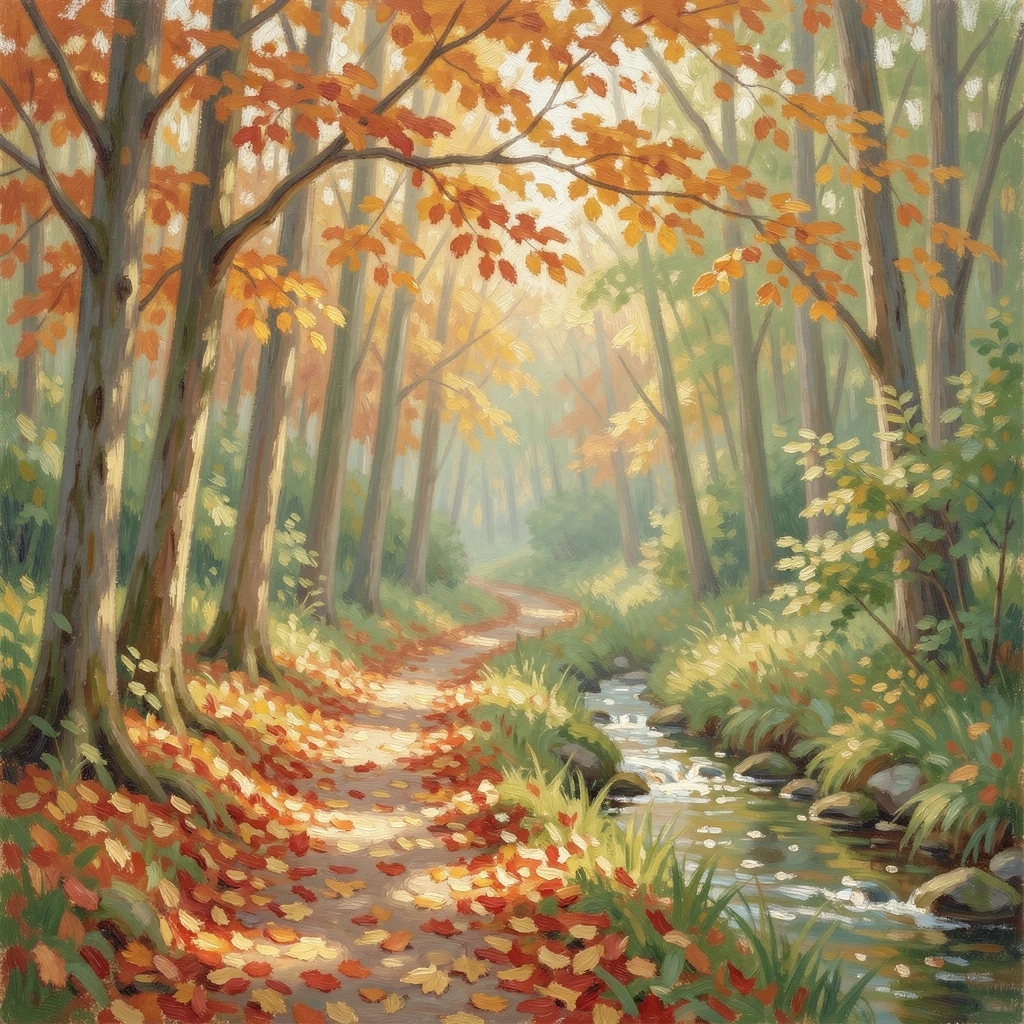 An autumn forest path carpeted in red and gold leaves, dappled light filtering through the canopy onto a wandering stream, in the lush green of midsummer, capturing a moment of quiet intimacy.