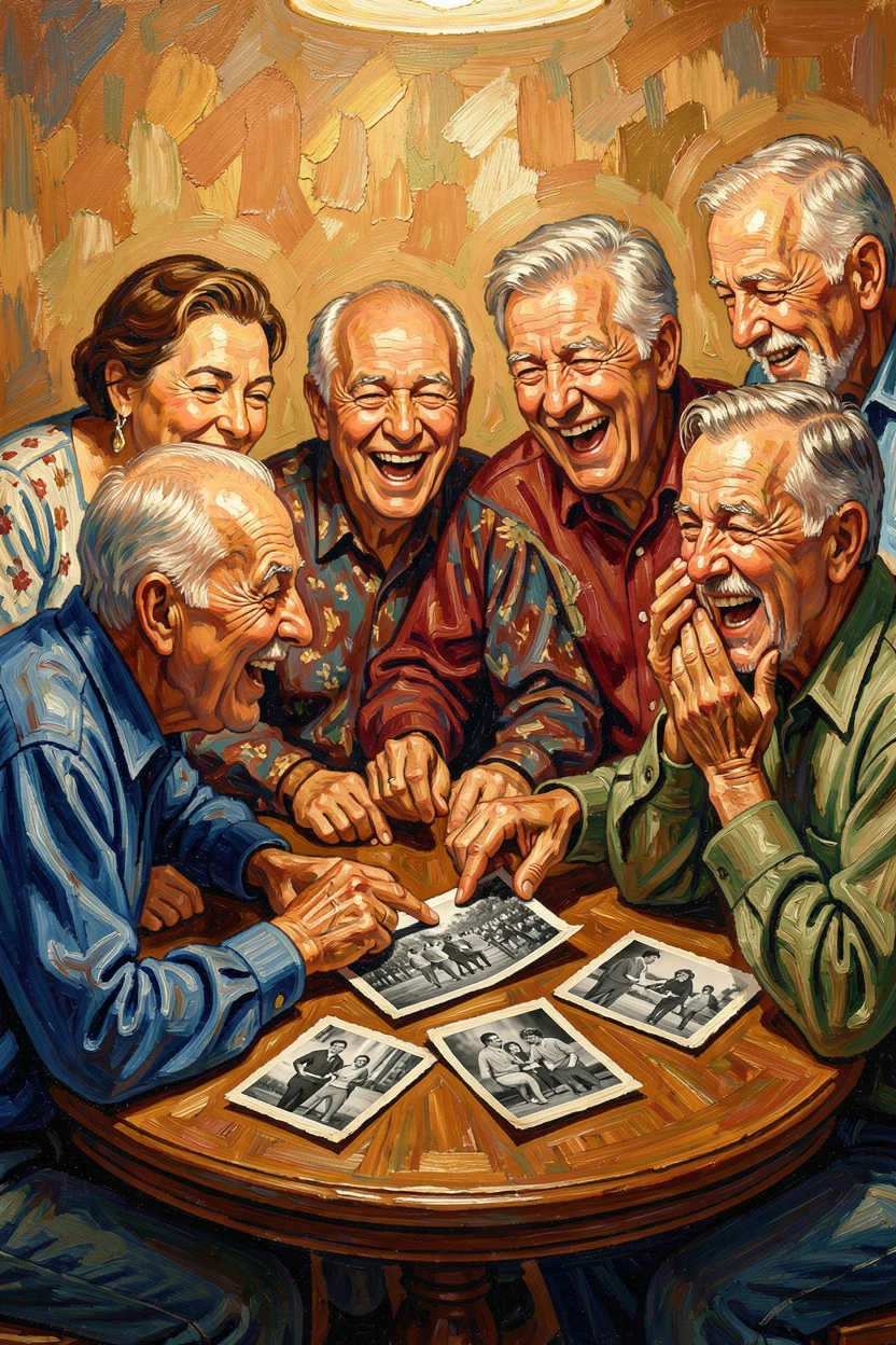 Old college friends gathered around a table, deep in laughter over old photographs.