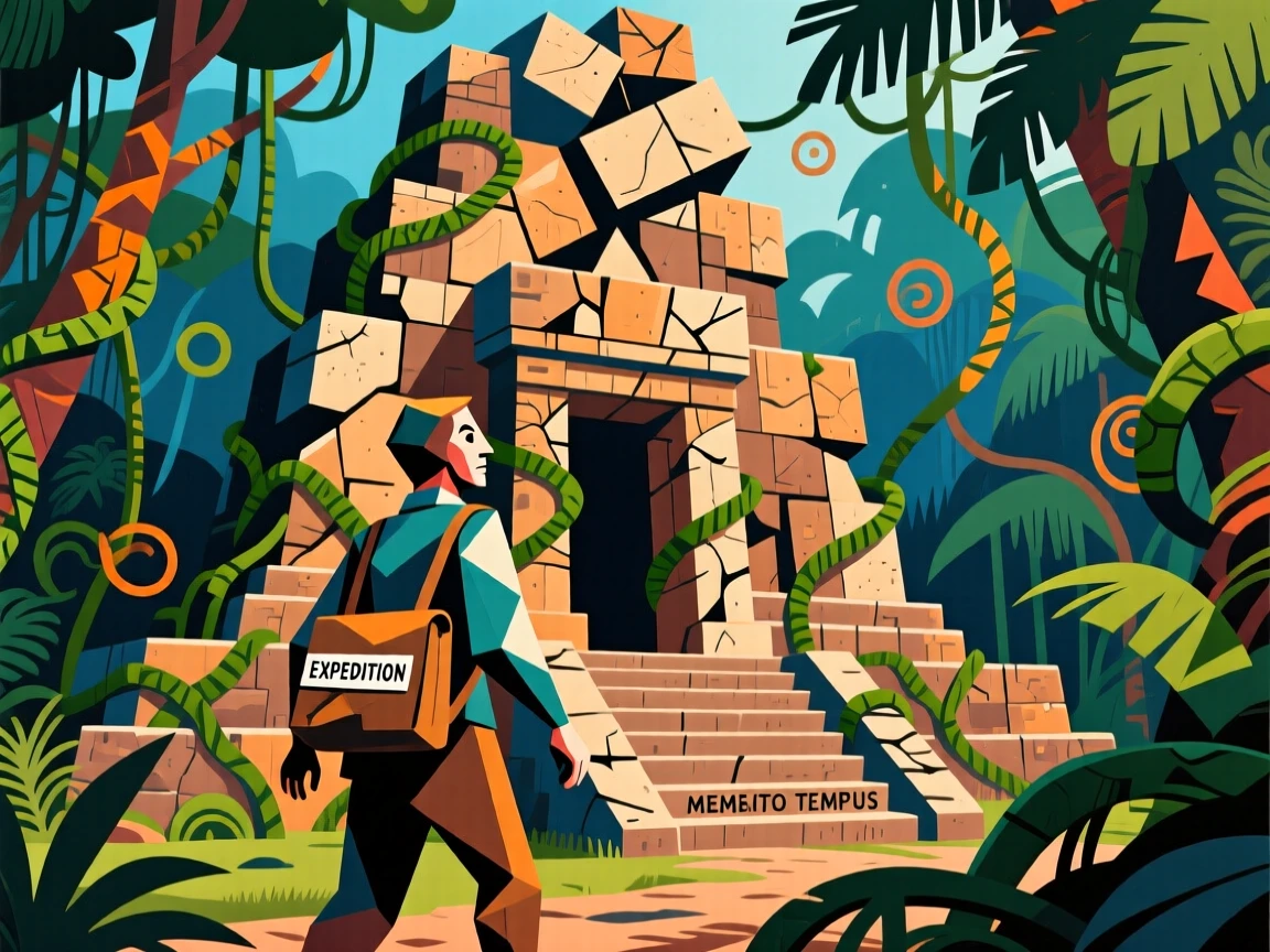 A traveler exploring an ancient temple ruin wrapped in creeping jungle vines.
