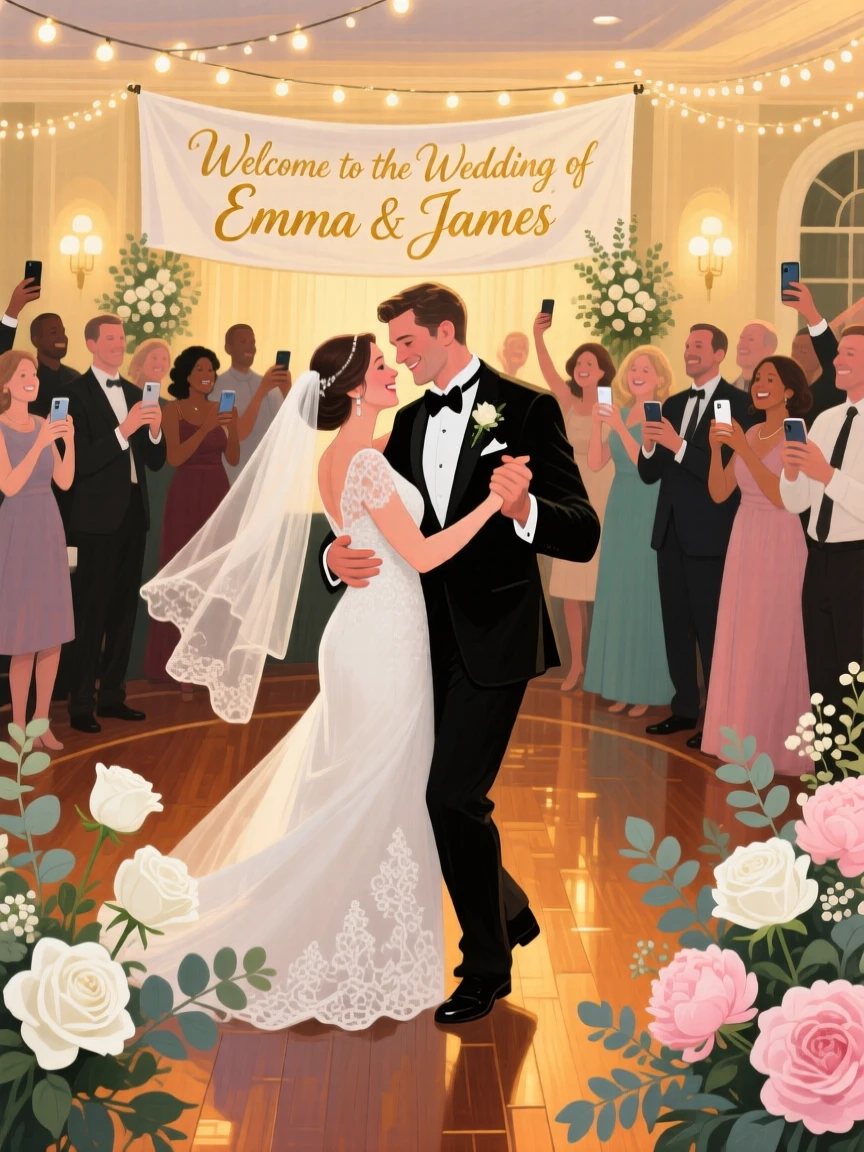 A wedding reception erupts in joyful dancing as the couple takes their first dance, guests forming a circle around them with phones raised, their expression conveying a quiet depth of emotion that draws the viewer in.