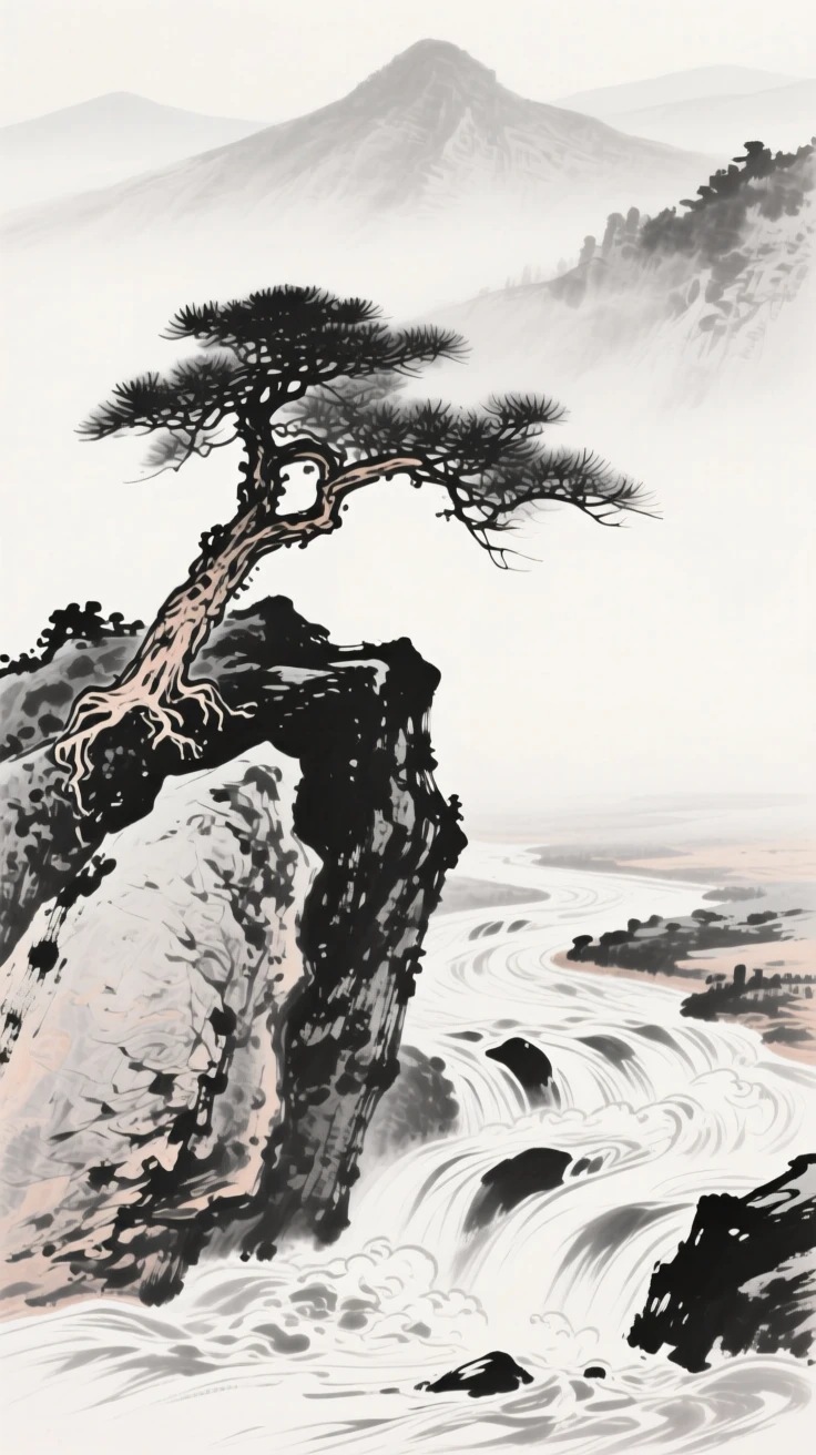 A pine tree clings to a boulder beside a rushing mountain stream, as mist rolls in over the surrounding ridges.