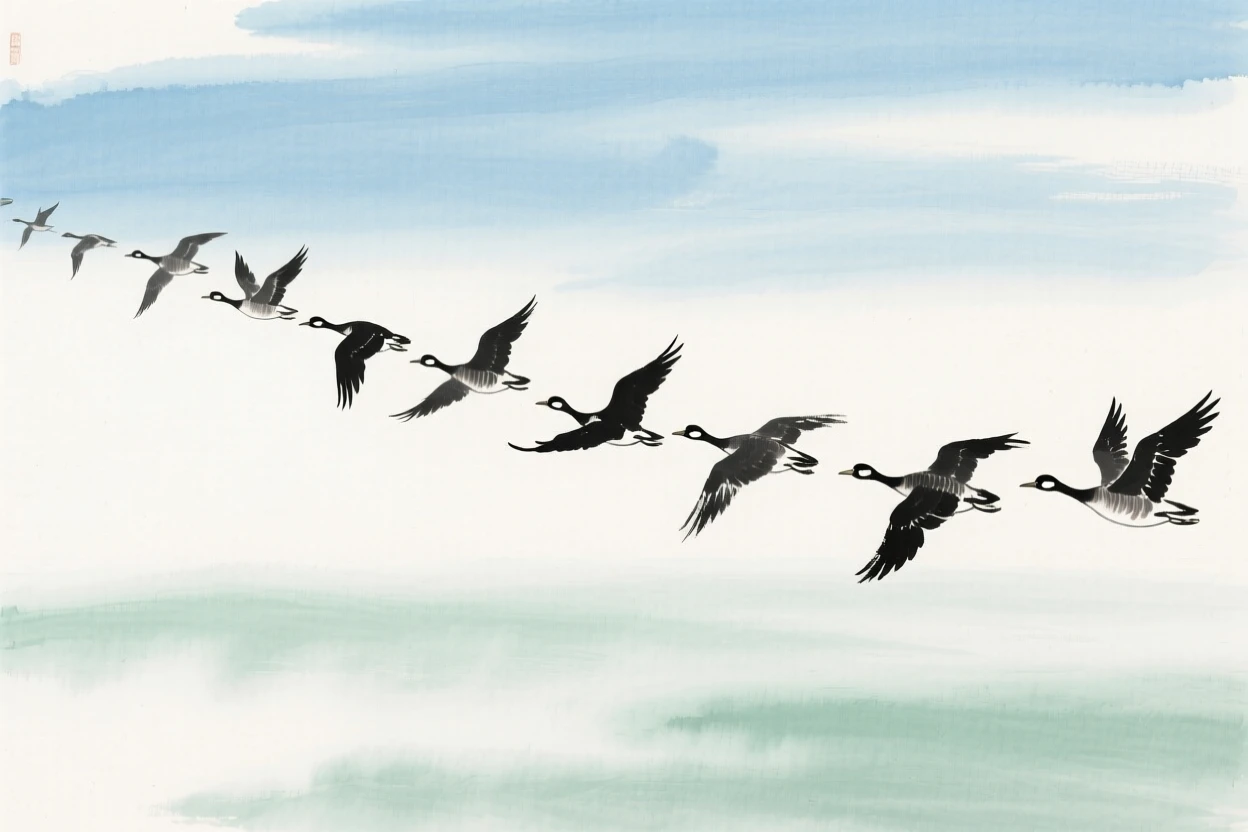 Wild geese flying in a long formation across an open sky, suffused with quiet joy, through a light drifting mist.