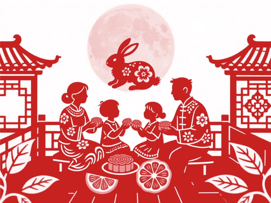 A Mid-Autumn Festival scene of a family sitting on a rooftop terrace sharing mooncakes and pomelo, a giant full moon rising behind them, a rabbit silhouette visible within its glow
