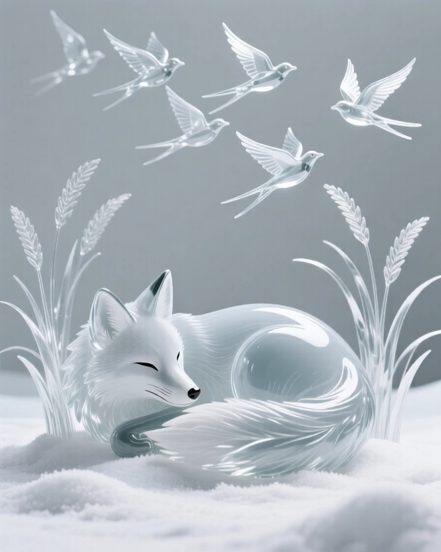 Surrounded by tall grass swaying in the breeze, an arctic fox curled into the snow with its tail wrapped around itself, while a flock of birds rises suddenly into flight