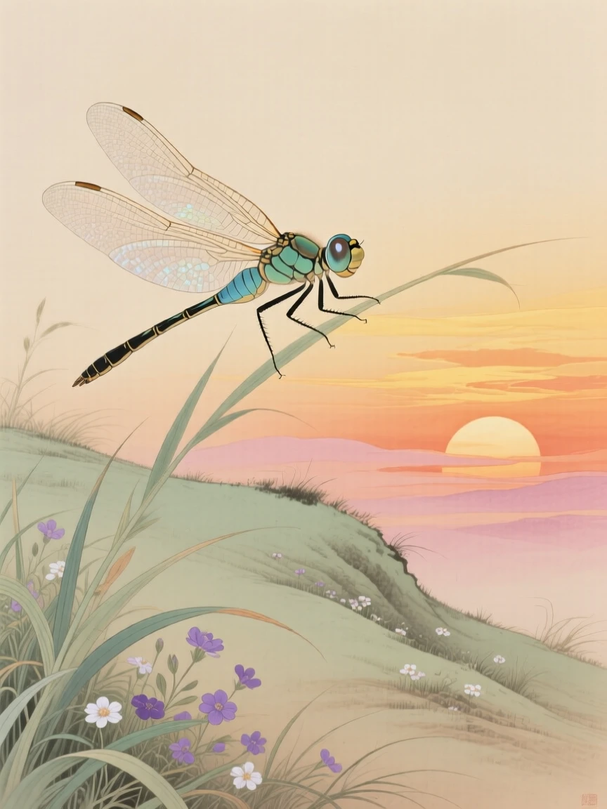 A dragonfly watching the sunset from a hillside