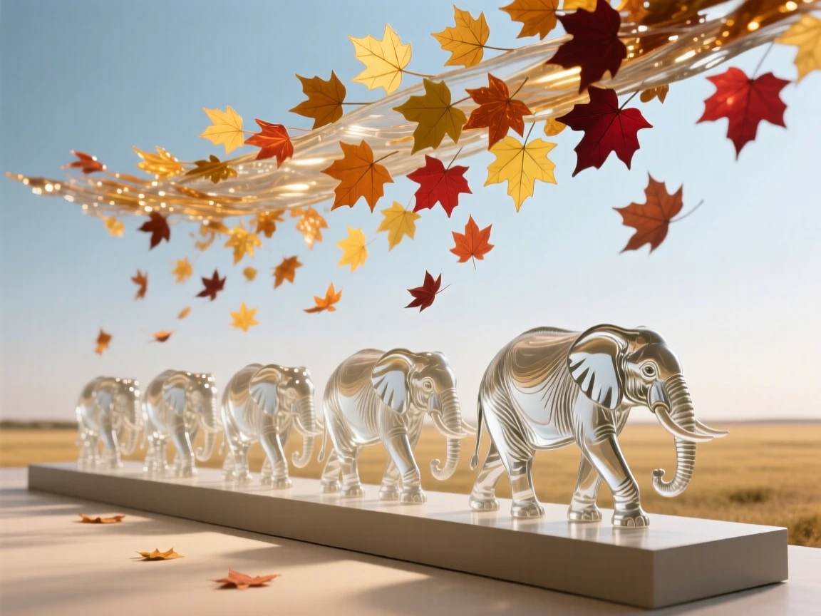 Beneath a canopy of autumn leaves drifting to the ground, a herd of elephants walking in a line across an open plain