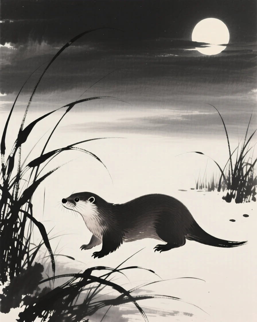 An otter walking through tall grass at dusk in a moonlit clearing, captured in profile against a soft, empty background, conveying quiet strength and natural grace.