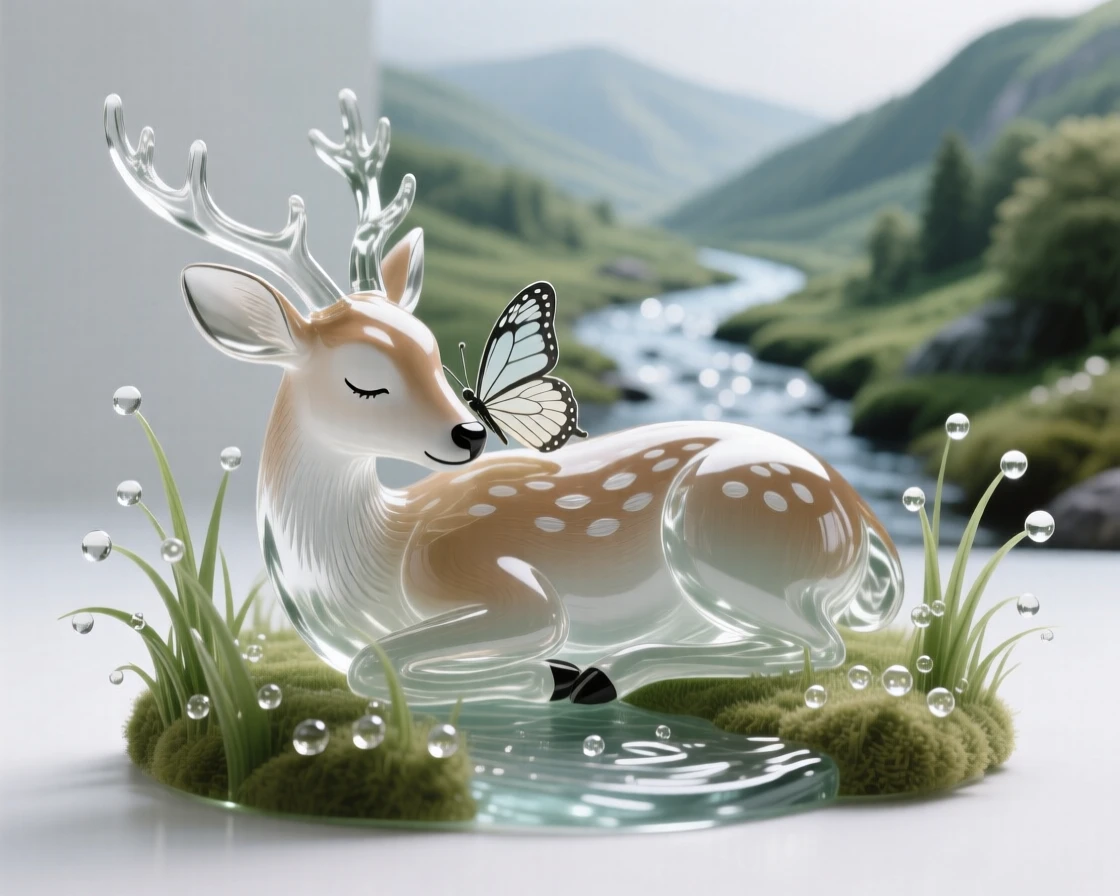 Beside a sparkling stream winding through the valley, a butterfly resting on the nose of a sleeping fawn, while morning dew clings to every blade of grass