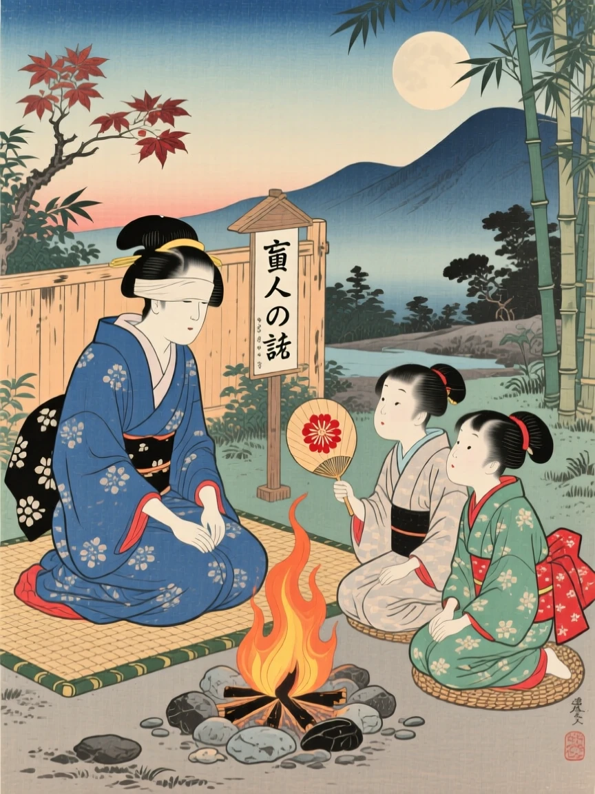 A blind masseuse sharing a story with children by a fire.