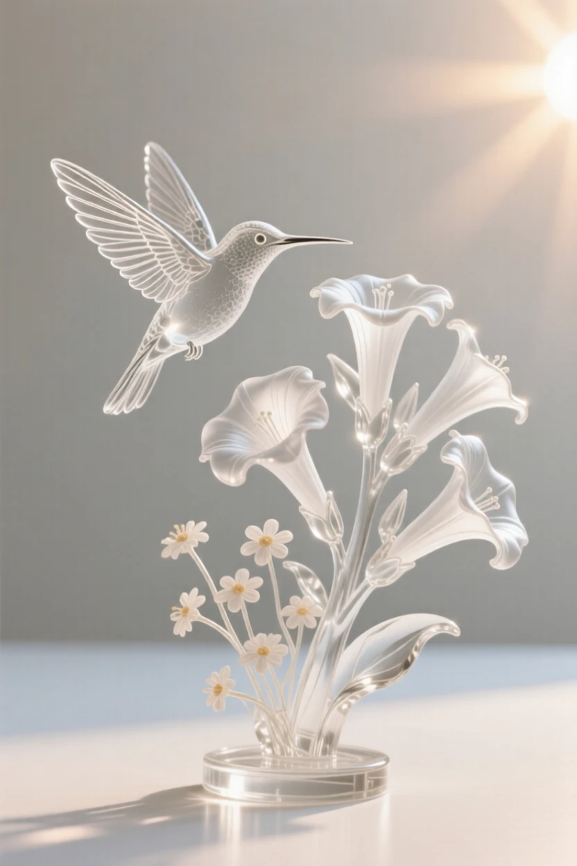 A hummingbird hovering beside a cluster of trumpet flowers as wildflowers stretch toward the rising sun