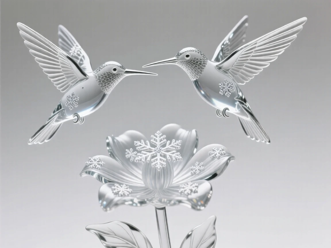 A pair of hummingbirds dueling in mid-air over a flower while snowflakes settle quietly on their fur