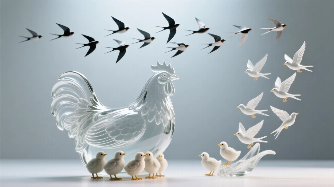 A mother hen sheltering her chicks beneath her wings while migratory birds pass overhead in formation, while a flock of birds rises suddenly into flight