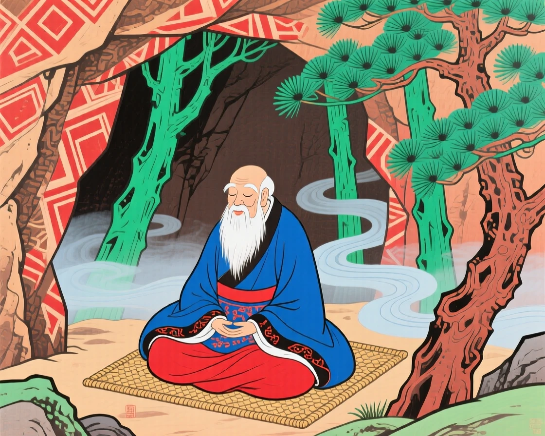 An old sage meditating in a cave surrounded by pine trees and drifting mist.