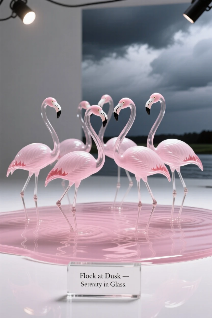 With storm clouds gathering on the far horizon, a flock of flamingos wading through a shallow pink lagoon