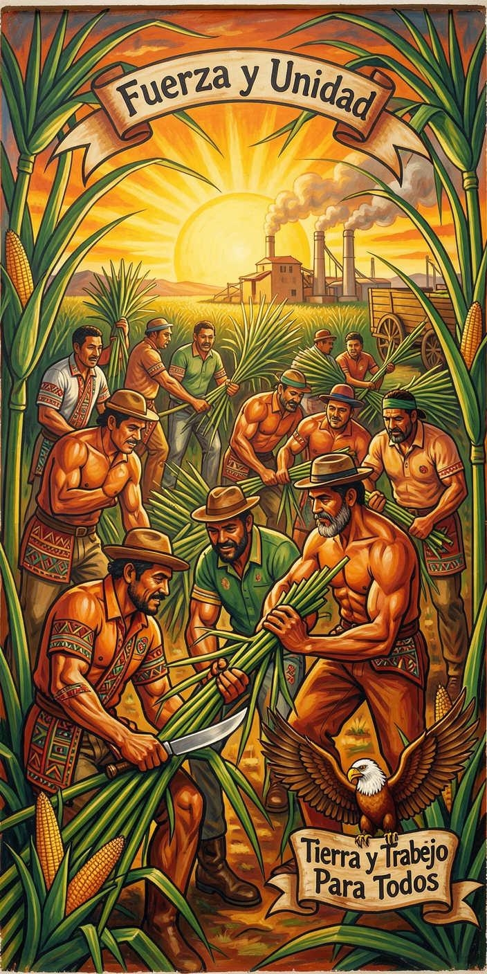 A group of workers harvesting sugarcane in golden light