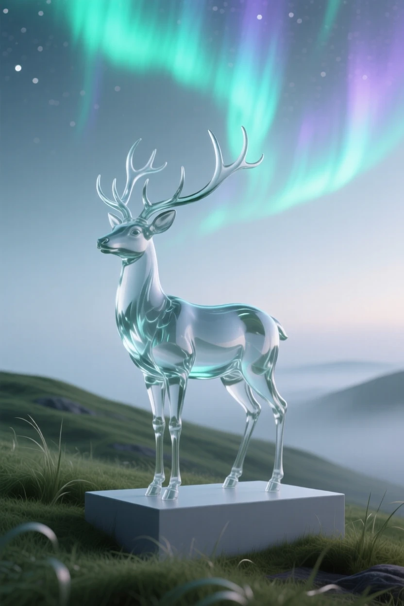 With the northern lights dancing faintly overhead, a stag standing tall on a misty hillside at dawn, while a soft wind stirs the surrounding grass