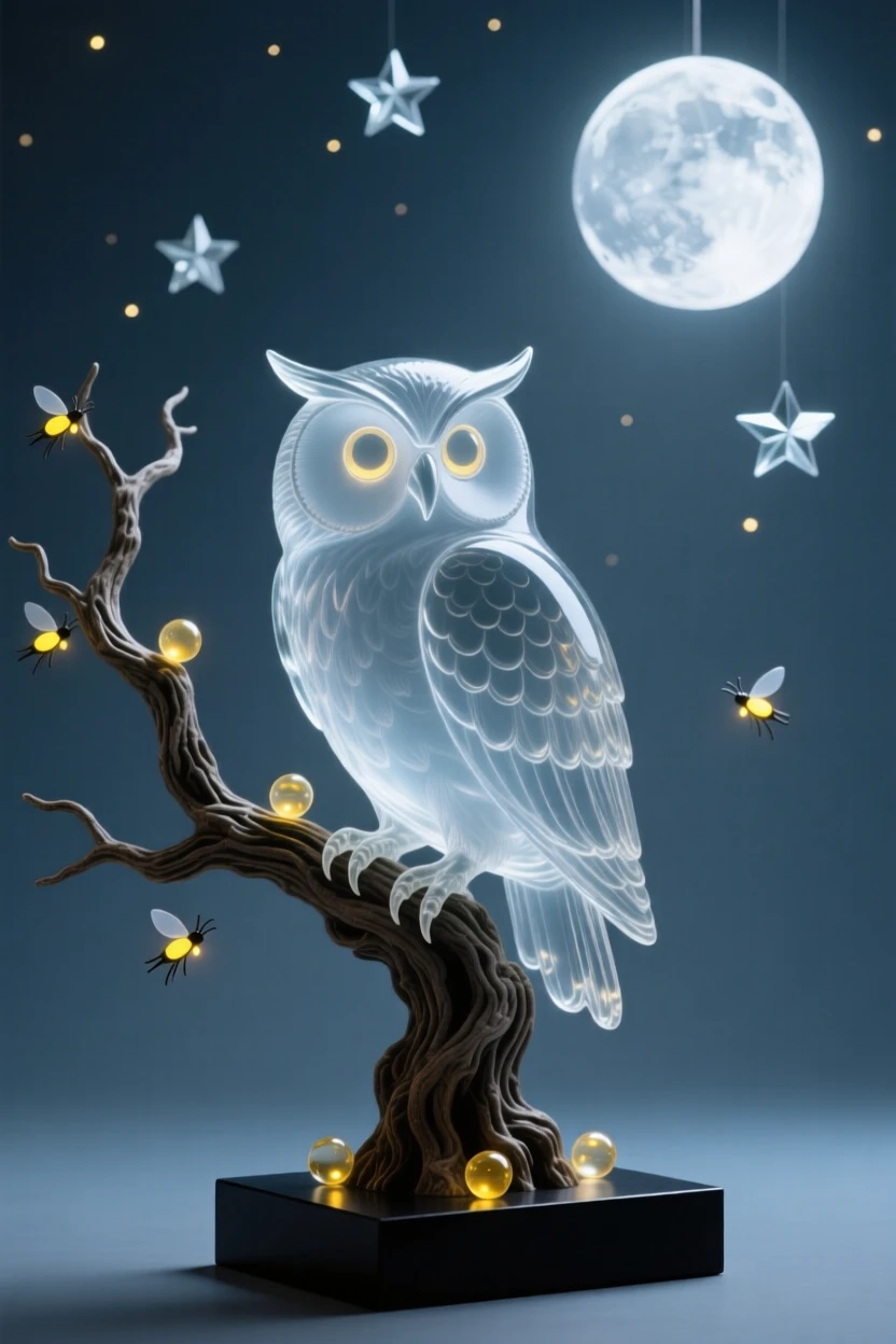 An owl perched silently on a gnarled branch under a full moon as fireflies begin to glow in the twilight air, while the first stars begin to appear overhead