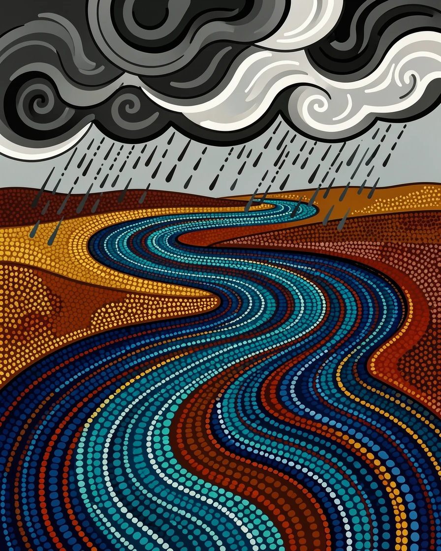 A winding river delta during a dramatic storm