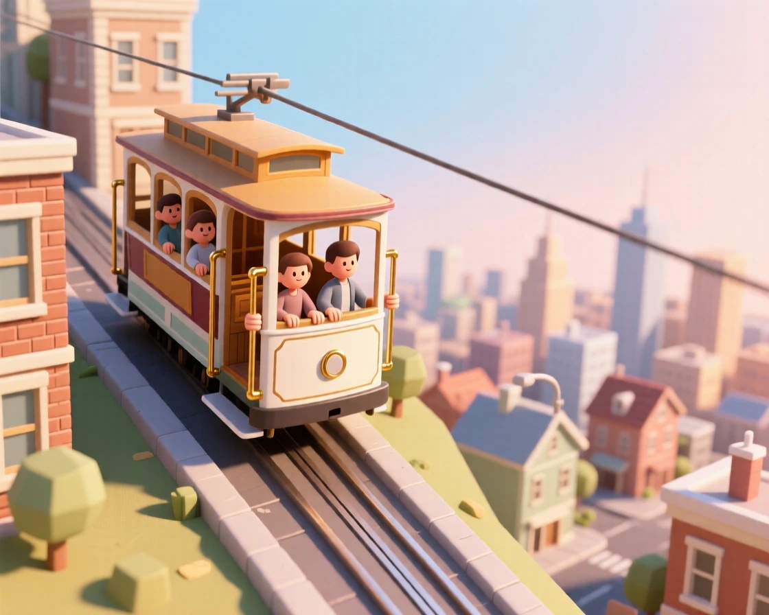 A cable car climbing a steep hillside street, passengers holding onto brass rails, and the city sprawling below in the afternoon sun.