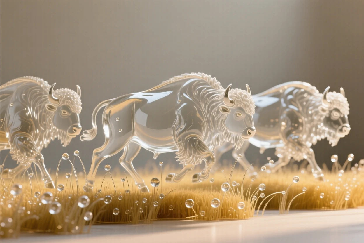 A herd of bison moving across a golden prairie while morning dew clings to every blade of grass