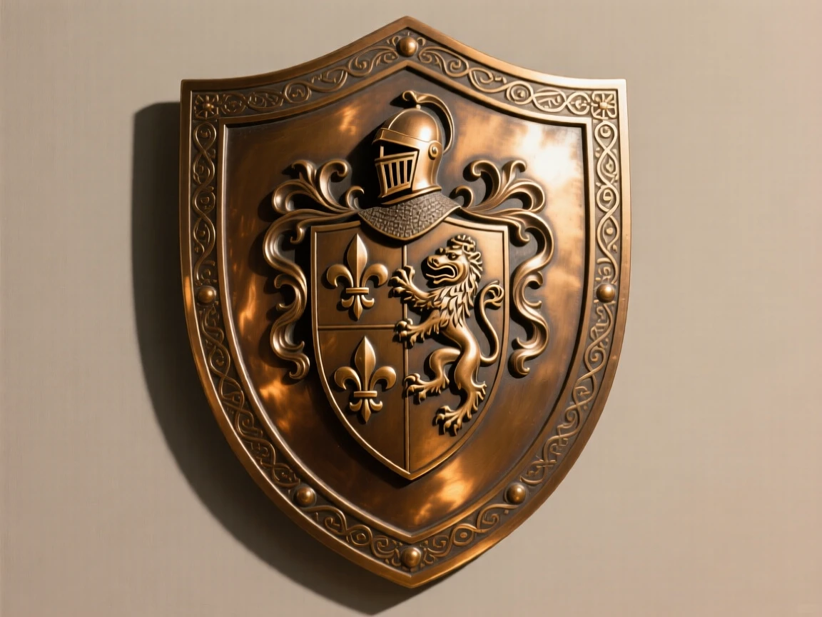A decorative shield emblazoned with a heraldic crest, catching the light with rich, warm reflections, radiating elegance and refinement