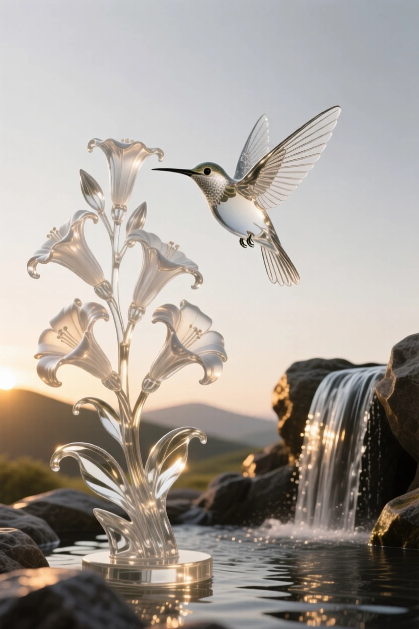 Beside a waterfall cascading into a rocky pool, a hummingbird hovering beside a cluster of trumpet flowers, while the sun dips slowly below distant hills