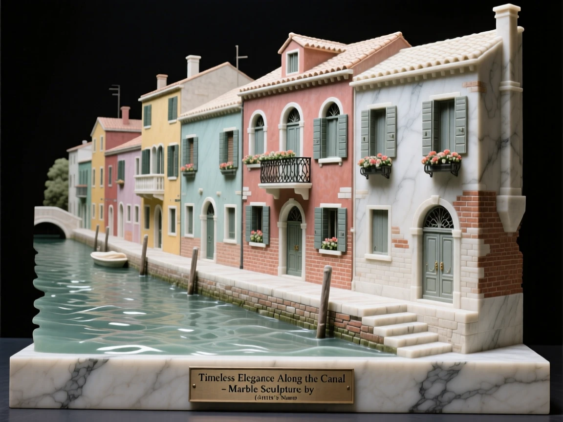 A striking, atmospheric depiction of a row of colorful houses along a canal, showcasing timeless elegance and grandeur