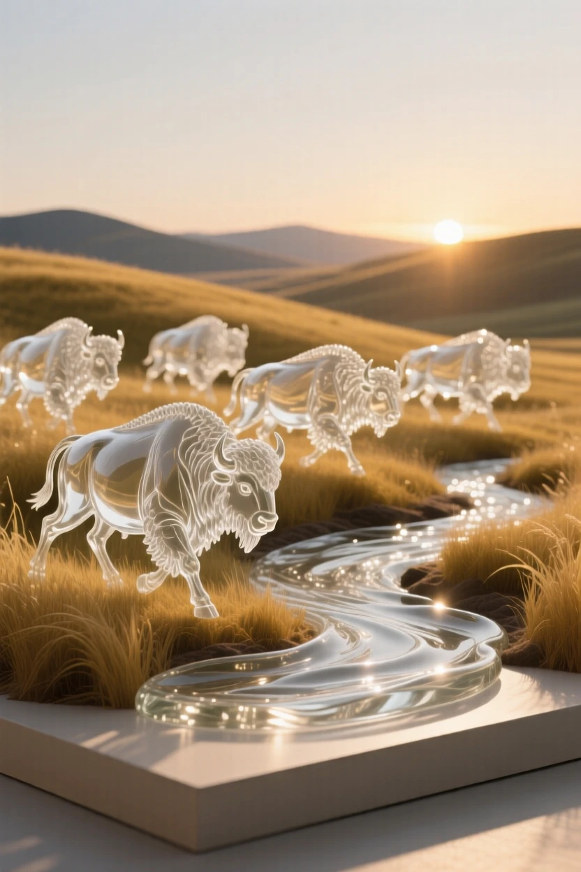 A herd of bison moving across a golden prairie beside a sparkling stream winding through the valley, while the sun dips slowly below distant hills