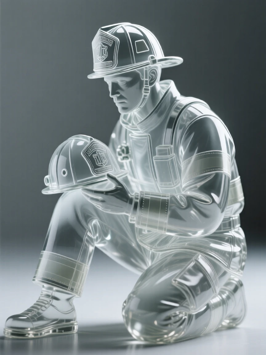 A firefighter resting after a long shift, helmet in hand set against a simple blurred background, dramatic side lighting carving out the features, mood tender and heartfelt.