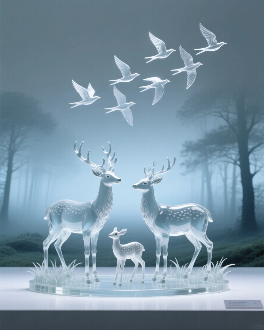 While migratory birds pass overhead in formation, a family of deer grazing quietly in a foggy forest clearing