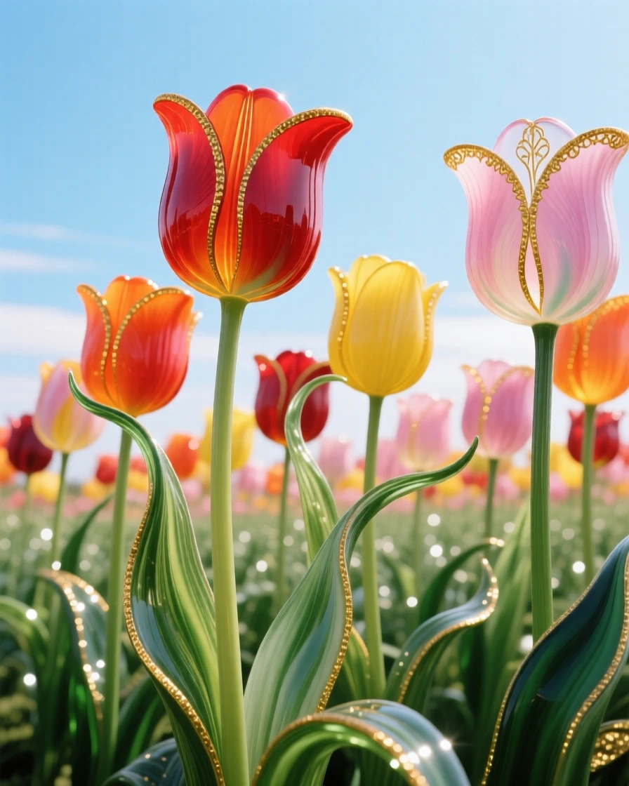 A field of vibrant tulips arranged in perfect rows under a clear sky, cheerful and vivid.