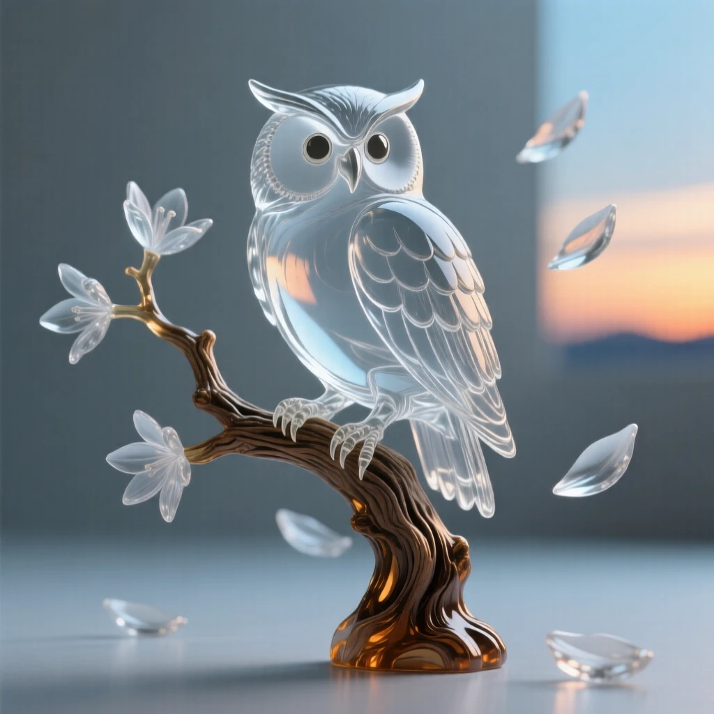 As the last light of day fades over the horizon, an owl perched silently on a gnarled branch under a full moon, while petals drift slowly through the air