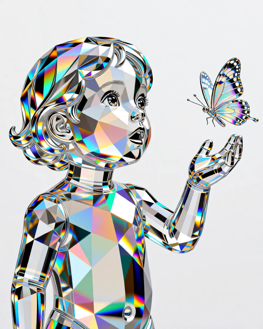 A young child's wide-eyed wonder reflected while watching a butterfly land on their hand.