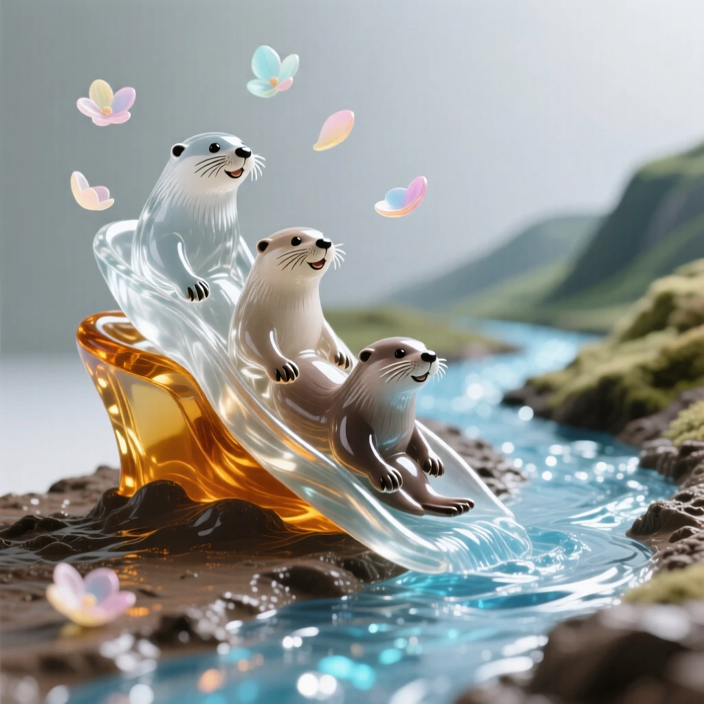A family of otters sliding down a muddy riverbank beside a sparkling stream winding through the valley, while petals drift slowly through the air