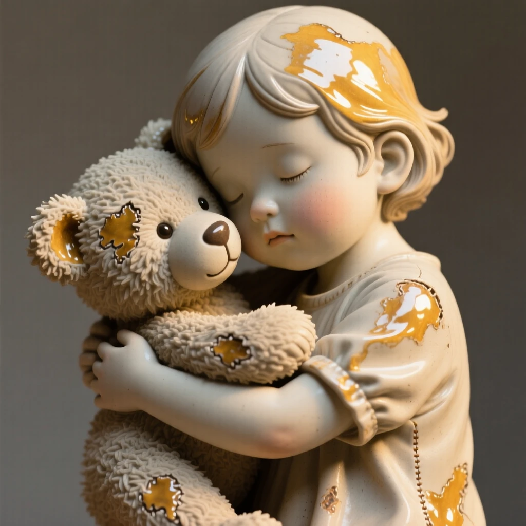 A child hugging a beloved stuffed animal captured in a fleeting moment of pure emotion, illuminated by a warm, golden glow, radiating grace, strength, and inner peace.