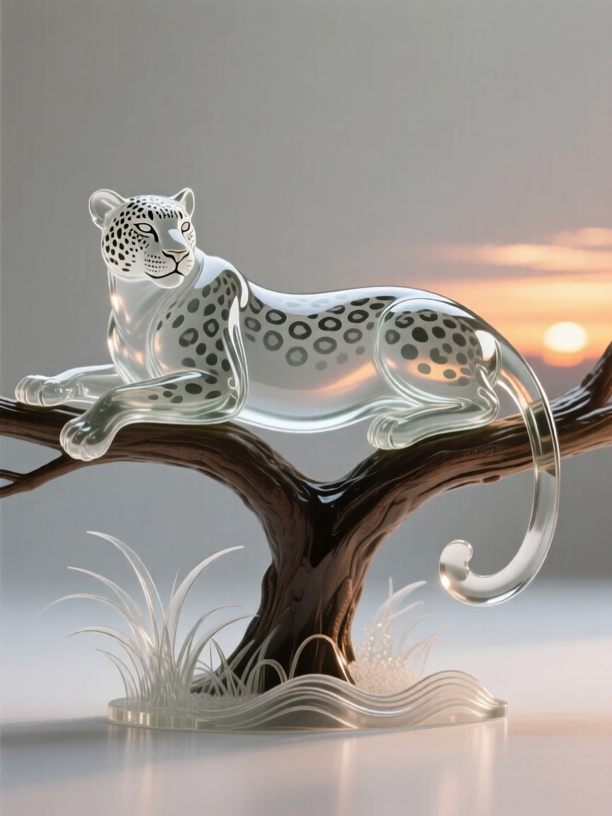A leopard resting on a low tree branch overlooking the plains as the last light of day fades over the horizon, while a soft wind stirs the surrounding grass