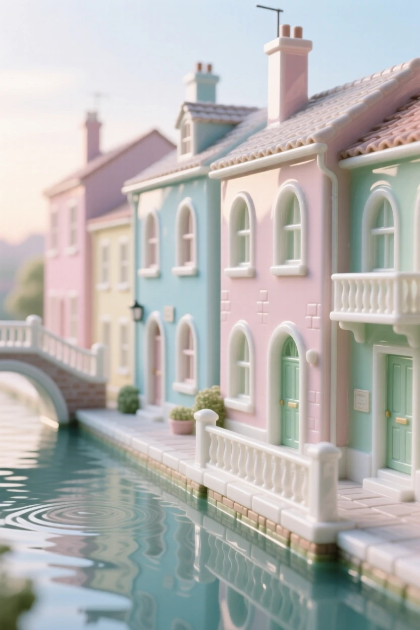A charming canal-side row of pastel houses, quietly picturesque in the early morning.