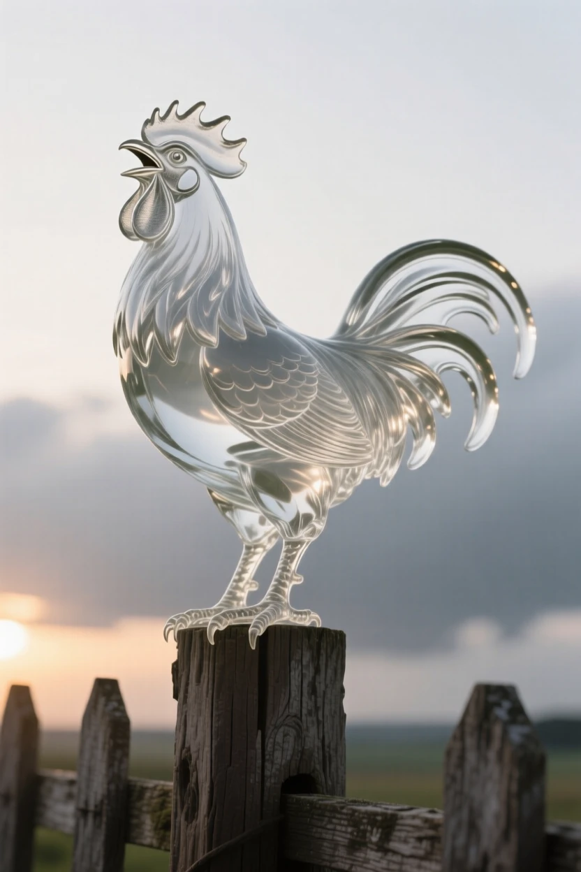 A rooster crowing atop a weathered fence at sunrise with storm clouds gathering on the far horizon