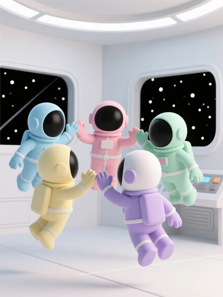 A group of astronauts float together inside a space station, giving each other zero-gravity high fives.