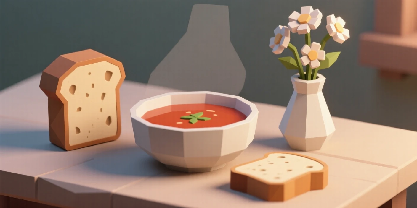 A warm bowl of tomato soup with crusty bread, beside fresh flowers in a small vase. soft natural light highlights rich textures and colors. There is an inviting, homey atmosphere.