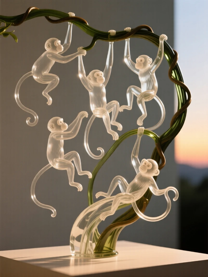 A troop of monkeys swinging between jungle vines as the last light of day fades over the horizon, while the sound of distant thunder rolls across the valley