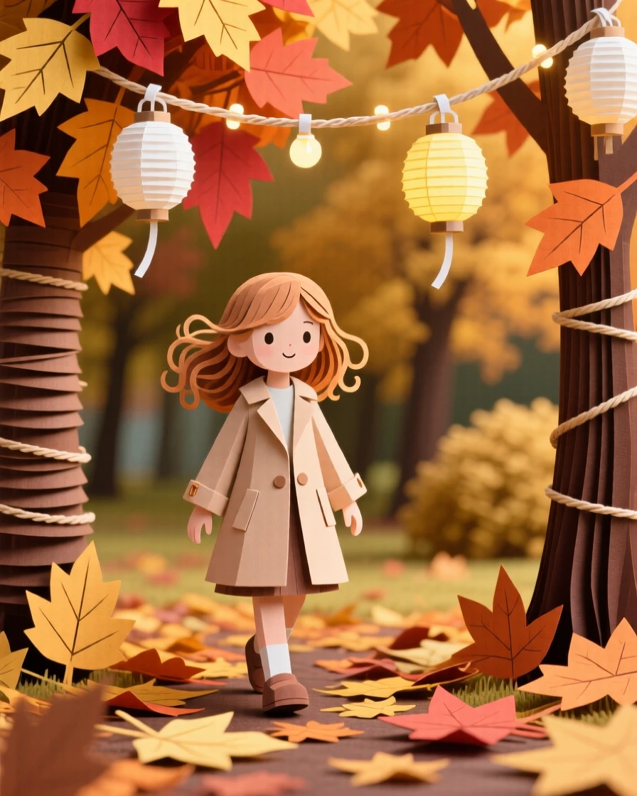 A young girl walking through a golden autumn park, with string lights twinkling overhead, evoking warmth and quiet connection.