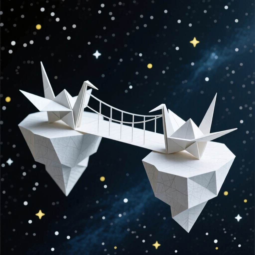 A bridge made of light connecting two floating islands across a starry void.
