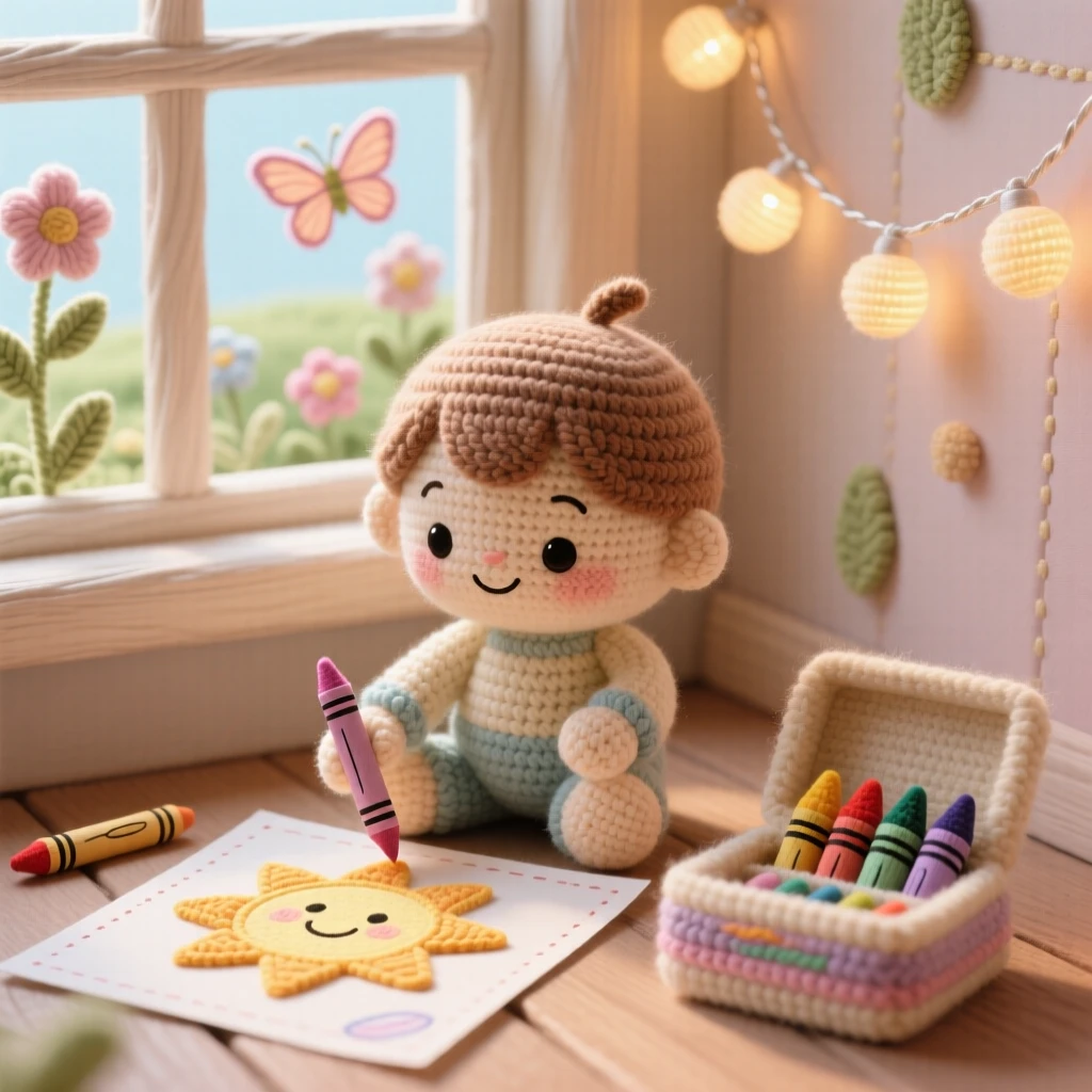 a small child coloring inside the lines carefully, with a box of crayons nearby, is shown filling in a picture of a smiling sun within a sunlit windowsill overlooking a garden beside a string of soft fairy lights along the wall, capturing quiet, unhurried domestic peace.