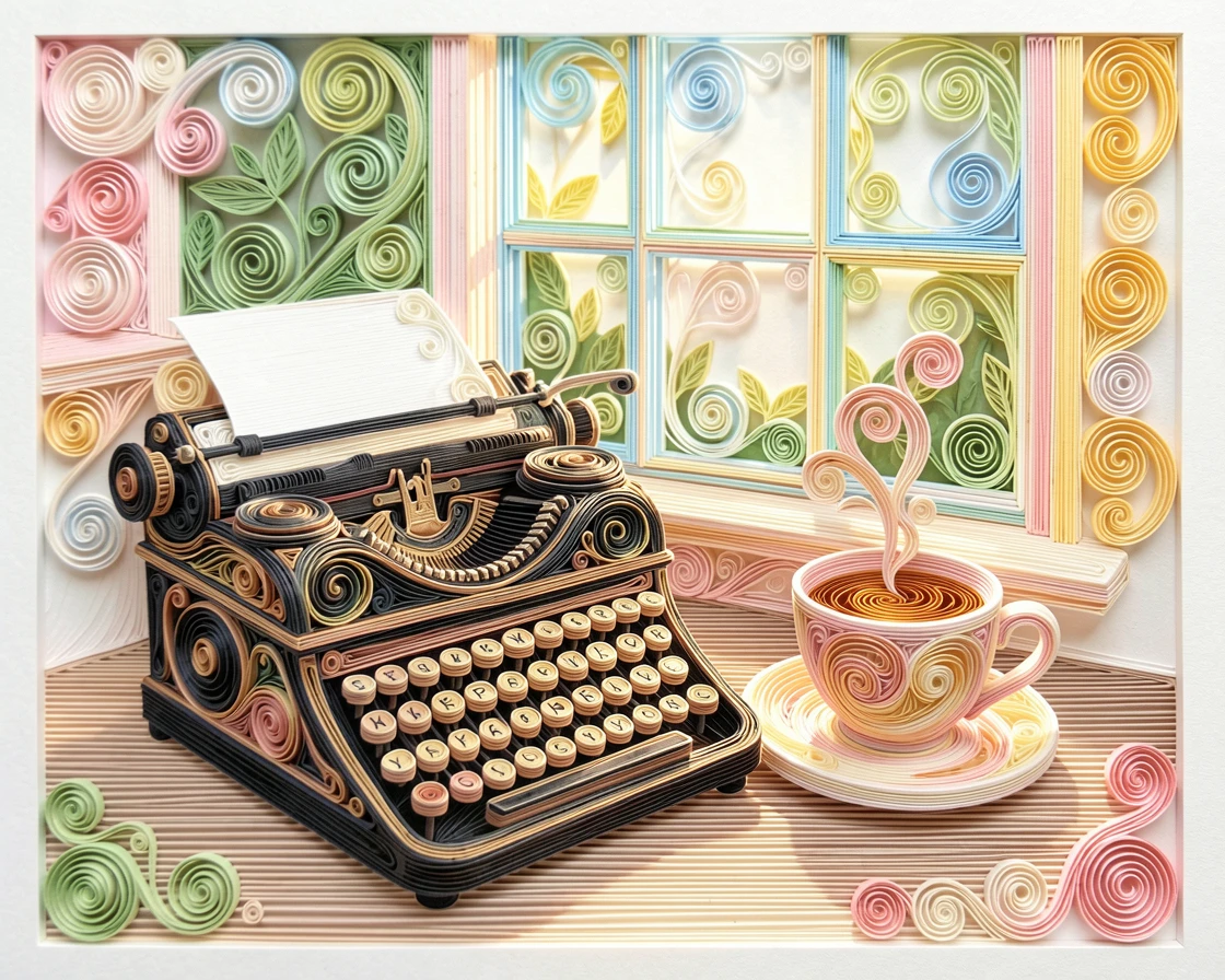 A cozy still life of a vintage typewriter beside a cup of tea beside a sunlit kitchen window, in bright, cheerful pastel colors, framed with a shallow depth of field on the main subject.