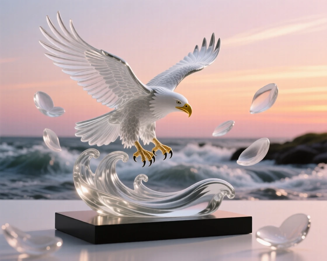 Beneath a sky streaked with the colors of sunset, a bald eagle diving toward a rushing river, while petals drift slowly through the air