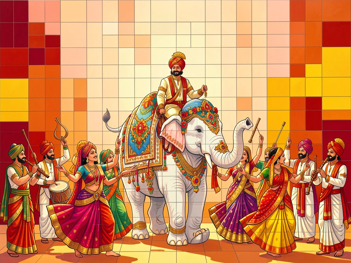 A traditional indian wedding procession with vibrant colors and music, filled with warm light, motion, and joyful energy.
