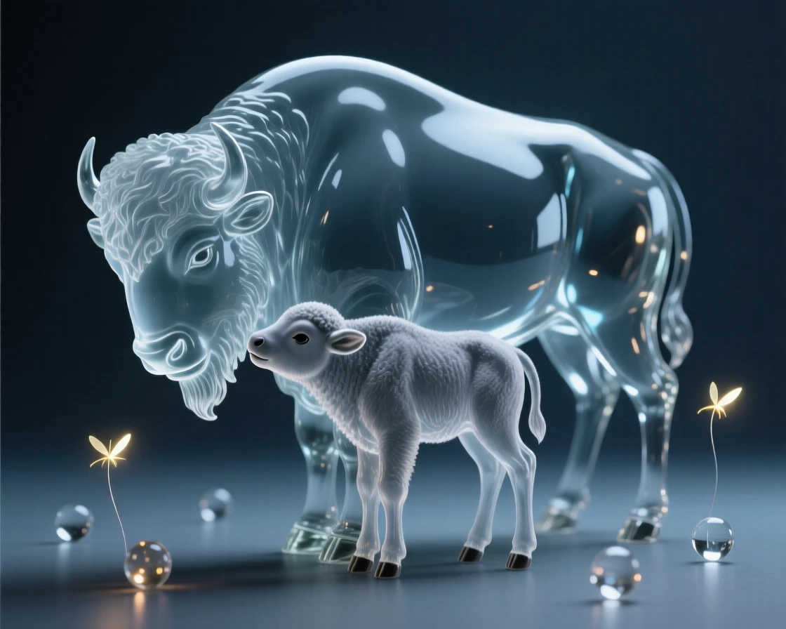 A bison calf nuzzling against its mother as fireflies begin to glow in the twilight air